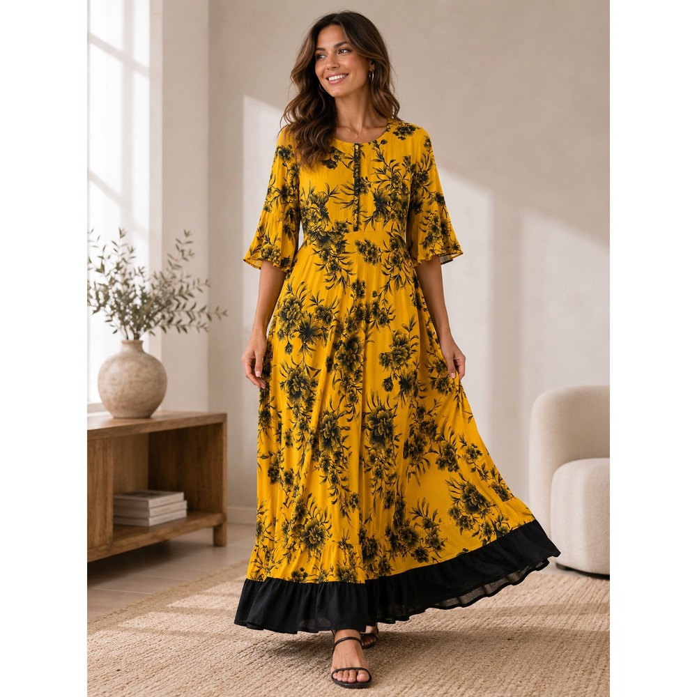 Neeru Kumar Maxi Dress‎ Yellow Floral Bell Sleeve Boho Mustard Large